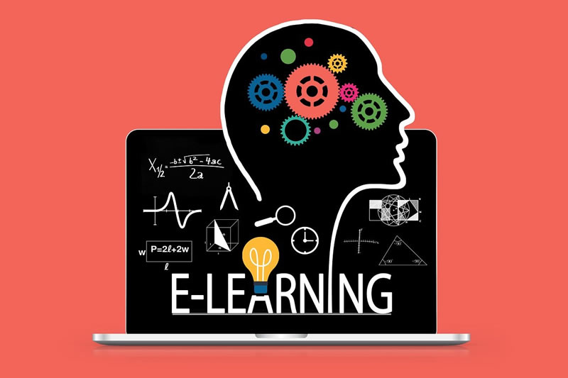 Graphic of e-learning on a laptop with human head superimposed