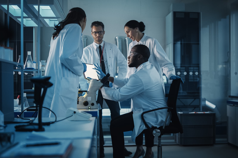 Group of scientists illustrating an article on global scientific communication